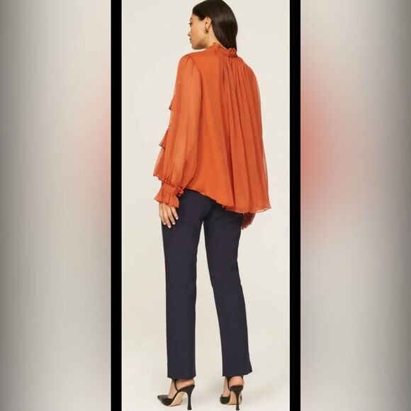 Adam Lippes Orange Cuffed Sleeve Blouse with Mandarin Collar, US0 - Picture 8 of 16